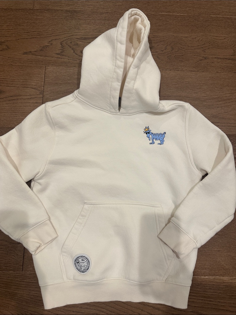 Kids Cream Hoodie with Blue Animal Embroidered Detail